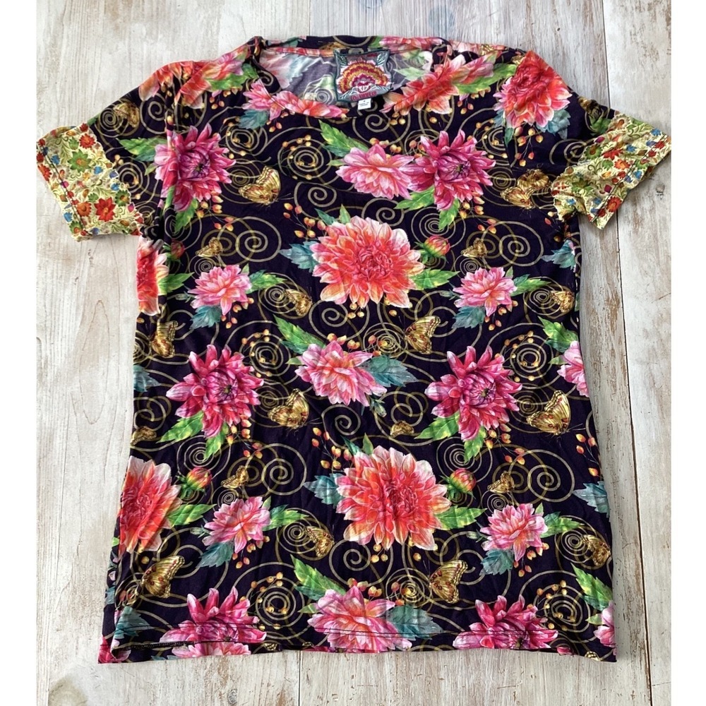 Johnny Was Floral Butterfly Bamboo Shirt Black Pink Women's Small Boho Colorful